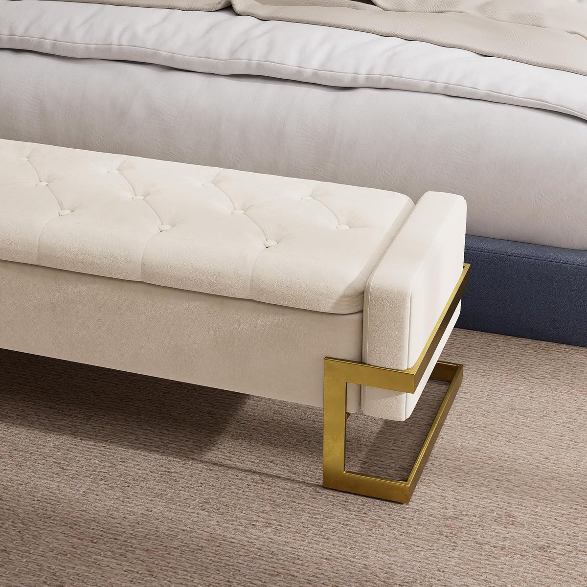 fivewillowise 65 inch bedroom storage bench,velvet end of, side view