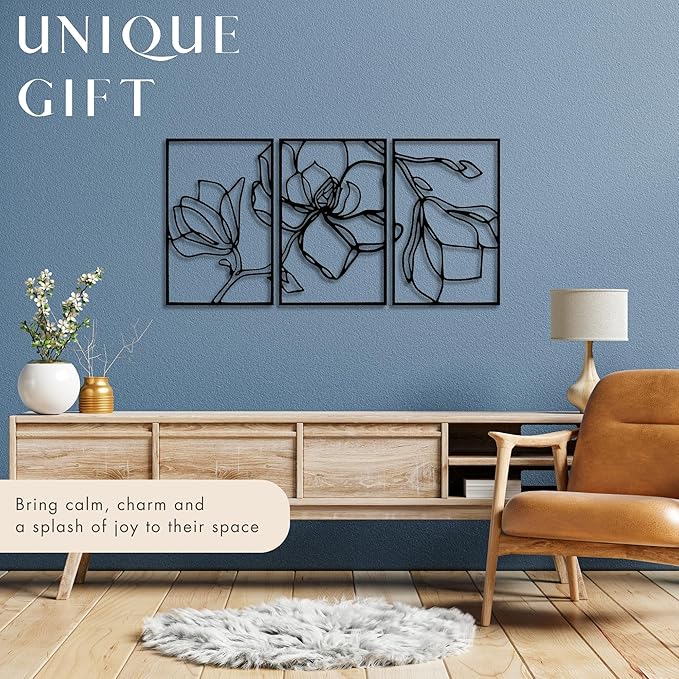 Wita Home Poppy Flower Metal Wall Art, 3-Panel Botanical Line Design, Modern - Image 6