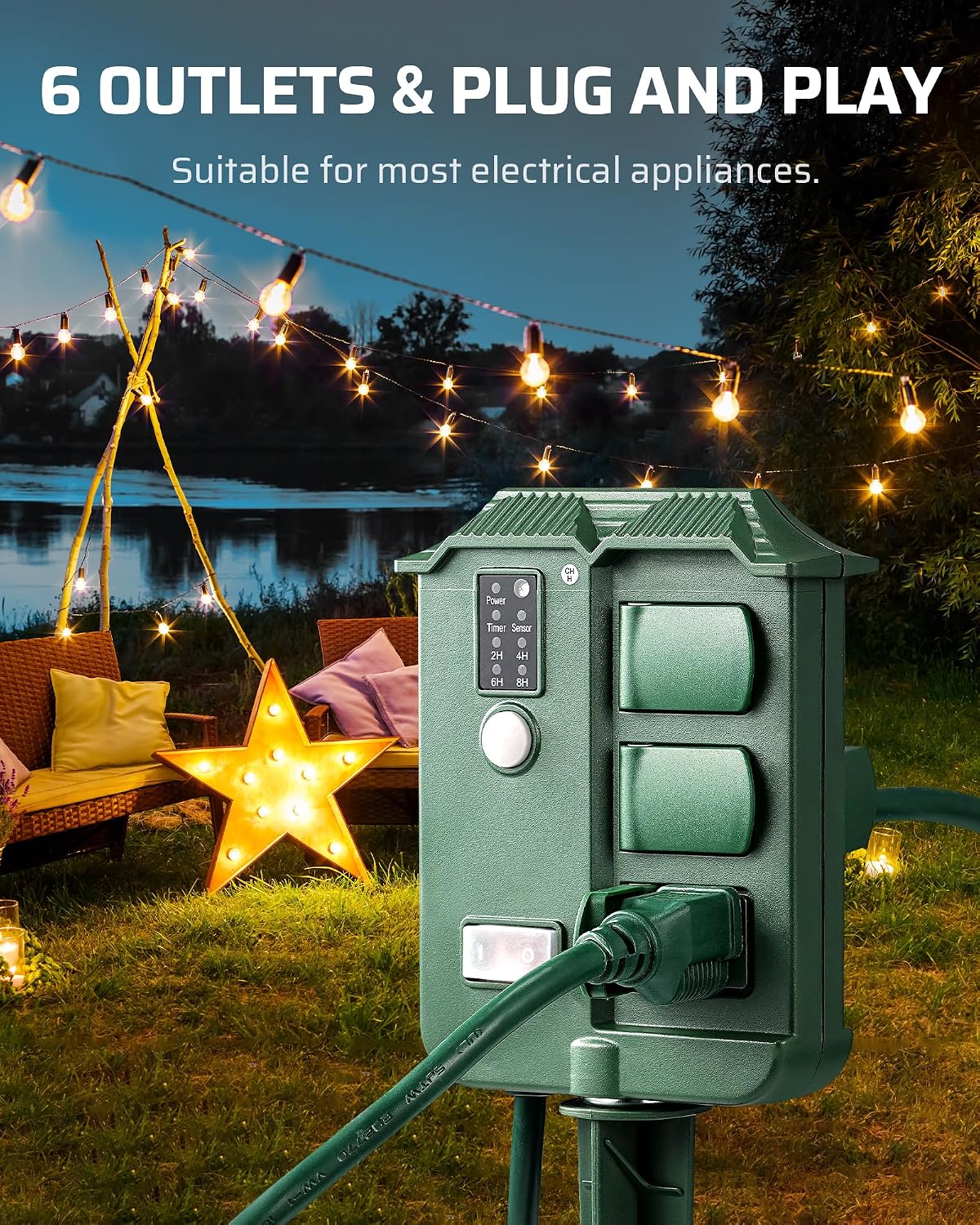 DEWENWILS Outdoor Power Stake Timer with Remote Control, Dusk to Dawn Timer | Waterproof, 6 Grounded Outlets, 6FT Extension Cord, 100FT Wireless Remote Control, Ideal for Lights, Yard, Garden, UL Listed