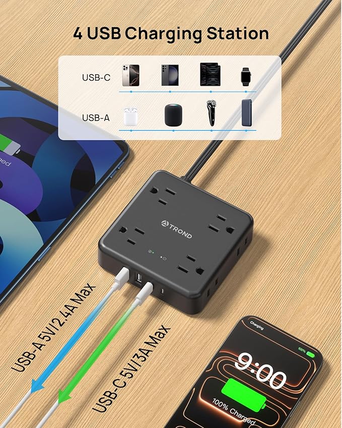 TROND 360° Rotating Flat Plug Power Strip, 10FT Flat Extension Cord - Image 4
