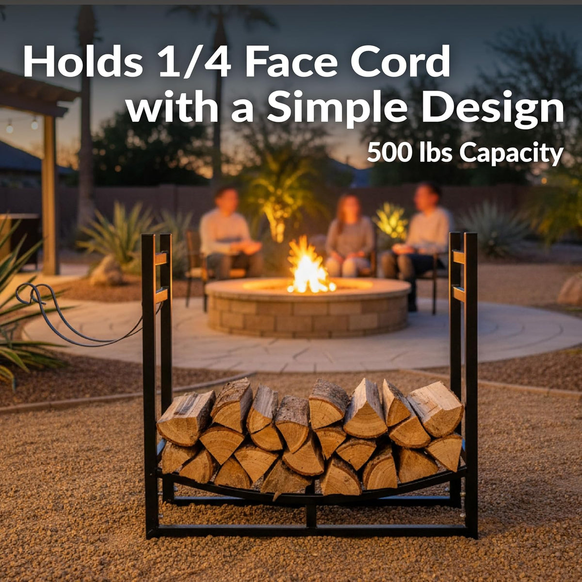 sunnydaze 33" indoor firewood rack with kindling log shown in use