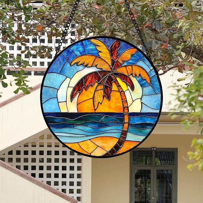 DASTOLL Stained Glass Window Hanging 4 Pcs Set Blue Orange Ocean Beach Theme - Image 3
