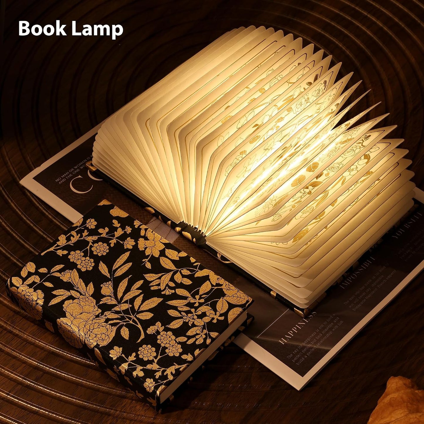 Book Lover Gift, Folding Book Lamp Decor, Portable Print Book Light | 1200mAh Rechargeable Night Light, Paper Desk Lamp, Reading Bookshelf Lamp, Gift for Women & Readers & Christmas (Black）