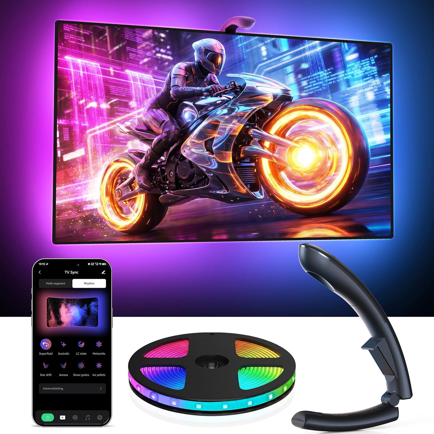 AOC TV LED Backlight, TV-Sync Lights for 55-65 Inch TVs, 14.8 ft | 0.03s optical color capture, 16-bit RGB, 60 LEDs/m, 32 scenes, 6 music modes, app DIY control, smart auto on/off