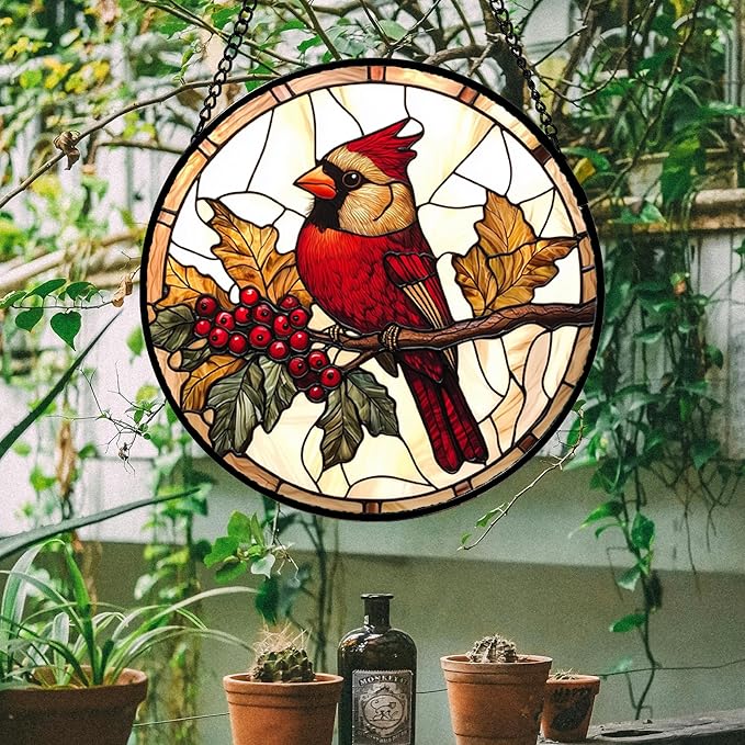 DASTOLL Stained Glass Window Hanging, Birds on a Branch Cardinal Sun Catchers - Image 2