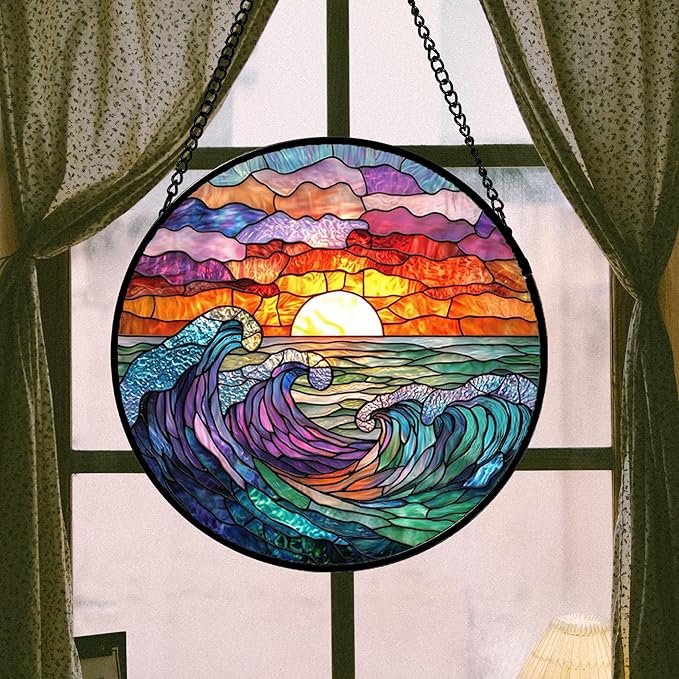 DASTOLL Stained Glass Window Hanging, Clouds and Sea Waves Suncatcher Diamond - Image 3