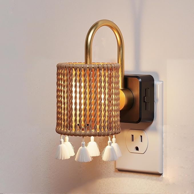 L LOHAS LED Night Lights Plug into Wall, Boho Fabric Cylinder Decor Night Light by LLOHASLED