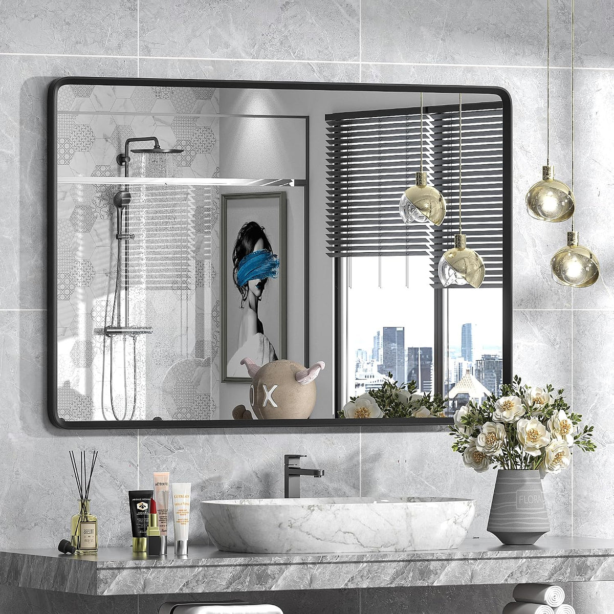 48x32 Black Bathroom Mirror for Wall, Matte Black Metal Framed Rectangle