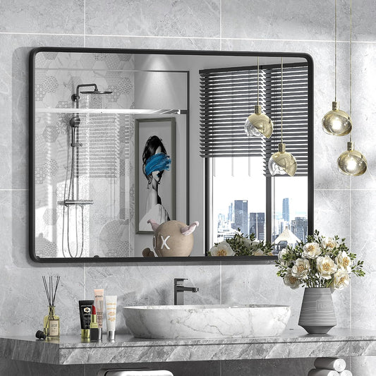 48x32 Black Bathroom Mirror for Wall, Matte Black Metal Framed Rectangle