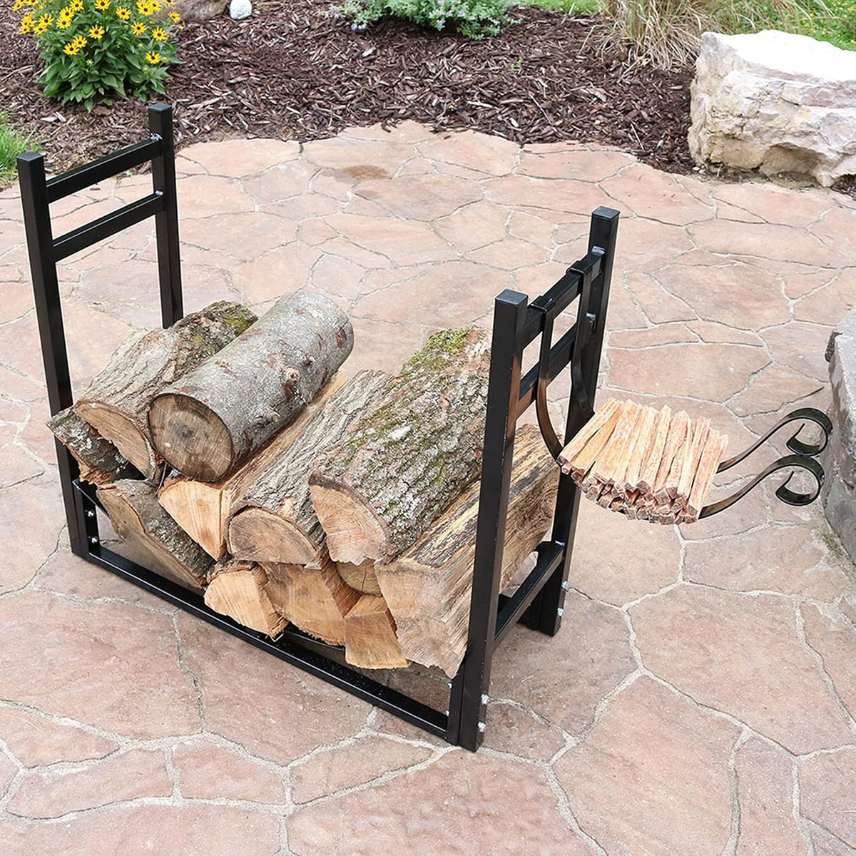 sunnydaze 33" indoor firewood rack with kindling log, package contents