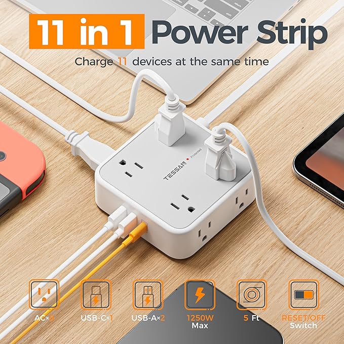 TESSAN Surge Protector Power Strip, 5 Ft Flat Plug Extension Cord - Image 2