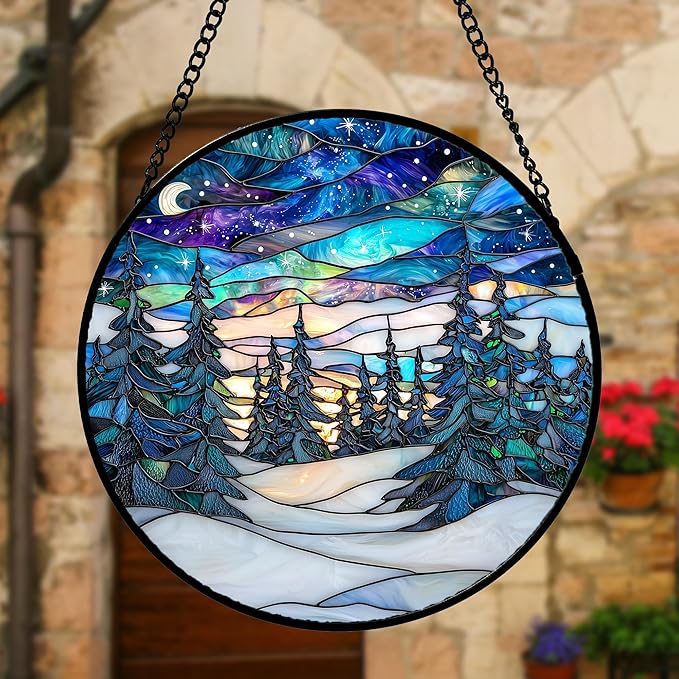 DASTOLL Stained Glass Window Hanging, Starry Sky Trees and Snow Sun Catchers - Image 2