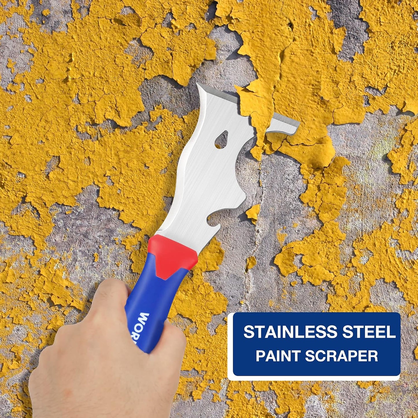 WORKPRO Paint Scraper, 8 in 1 Paint Remover, Metal Putty Knife with Hammer End and Can Opener, Stainless Steel Scraper Tool for Removing Caulk, Painting, Wood and Wallpaper | Stainless Steel Blade, PP Rubber Handle, Removing Caulk, Painting, Wood