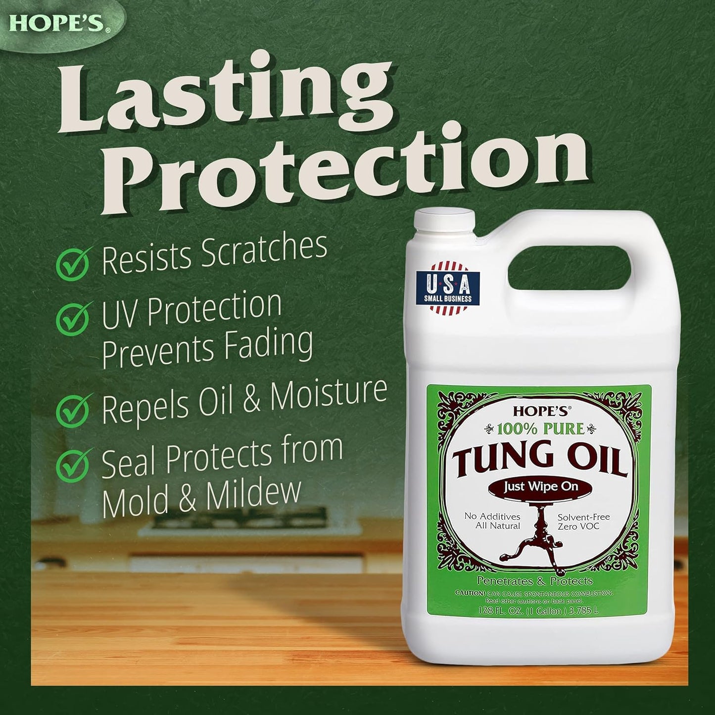 HOPE'S 100% Pure Tung Oil, Food Safe, Premium Waterproof Natural Wood Finish and Sealer for Indoor and Outdoor Projects,128 Fl Oz (2)