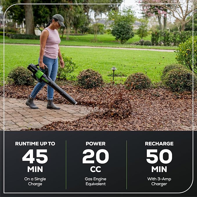 Greenworks 60V 450 CFM Cordless Leaf Blower, 2.0 Ah Battery and Rapid Charger - Image 3