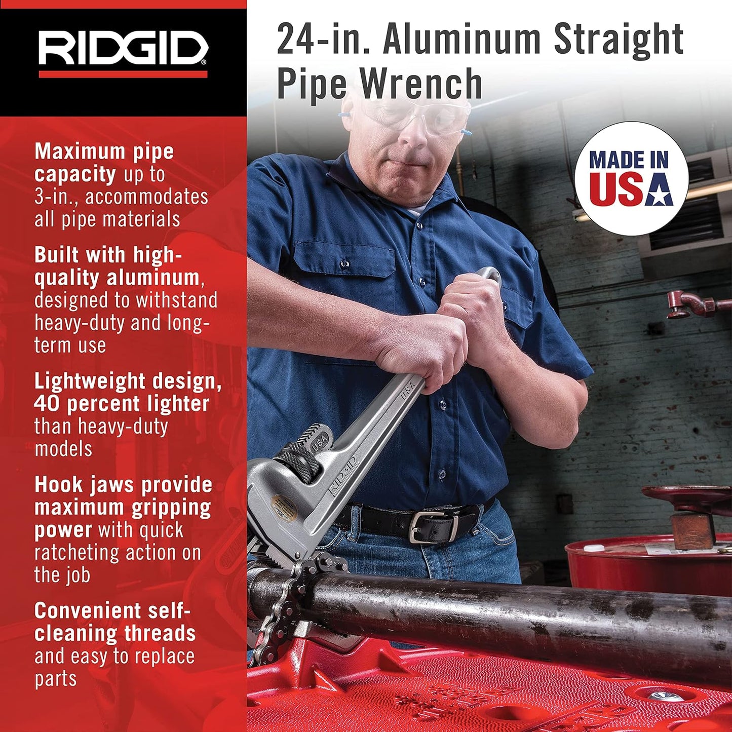 RIDGID 31105, 31100, & 31095 Aluminum Straight Pipe Wrenches; 18-inch & 14-inch, Silver