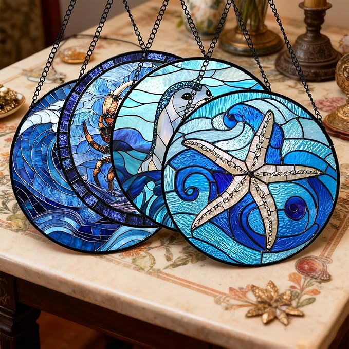 DASTOLL Stained Glass Window Hanging 4 Pcs Set Blue Ocean Waves 9.8" - Image 2