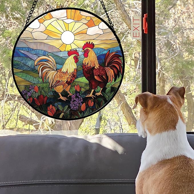 AMDERVEN Stained Glass Window Hanging, Countryside Scenery Chicken Sun Catcher - Image 3