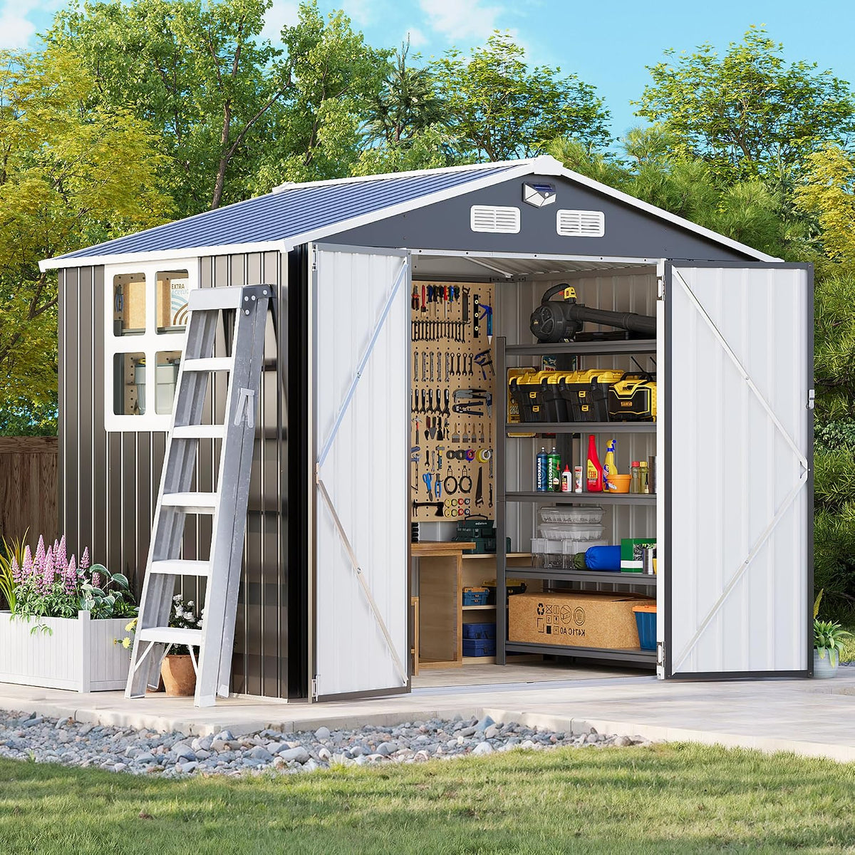 mxv 8 x 6ft outdoor storage shed, metal shown in use