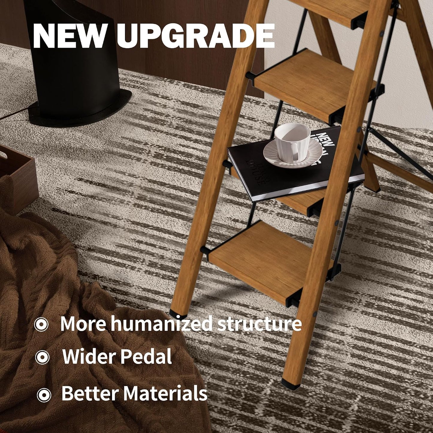 4 Step Ladder,Lightweight Folding Step Stool with Aluminum Wide Pedal& Convenient Handgrip,330lbs Capacity Steel Ladder for Household and Office(Woodgrain) | Step ladder with handrail & folding anti-slip steps, 330 lbs for home,kitchen,office,outdoor,Gold