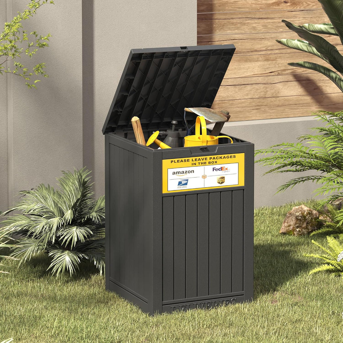 lhbgo package delivery box for outside with sign, front angle view