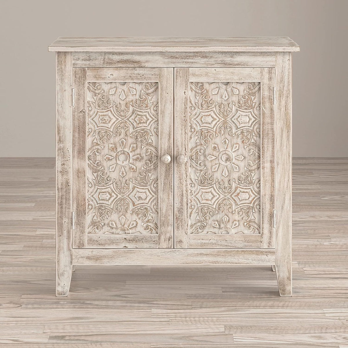jofran global archive hand carved accent chest cabinet shown in use