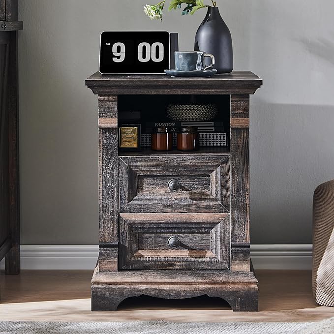Farmhouse Nightstand with Charging Station, Wooden Sofa Side Table w/Roman - Image 8