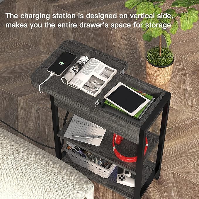 LIDYUK End Table with Charging Station, Flip Top Narrow Side Table - Image 4