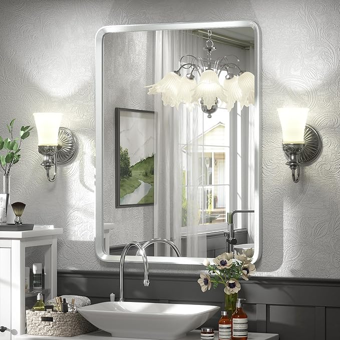 22x30 Inch Silver Bathroom Mirror, Rounded Rectangle Bathroom Vanity Mirror by GOLOMO