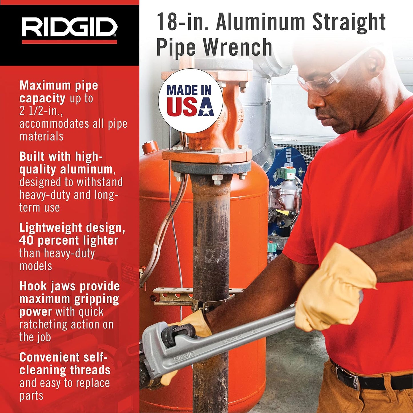 RIDGID 31105, 31100, & 31095 Aluminum Straight Pipe Wrenches; 18-inch & 14-inch, Silver