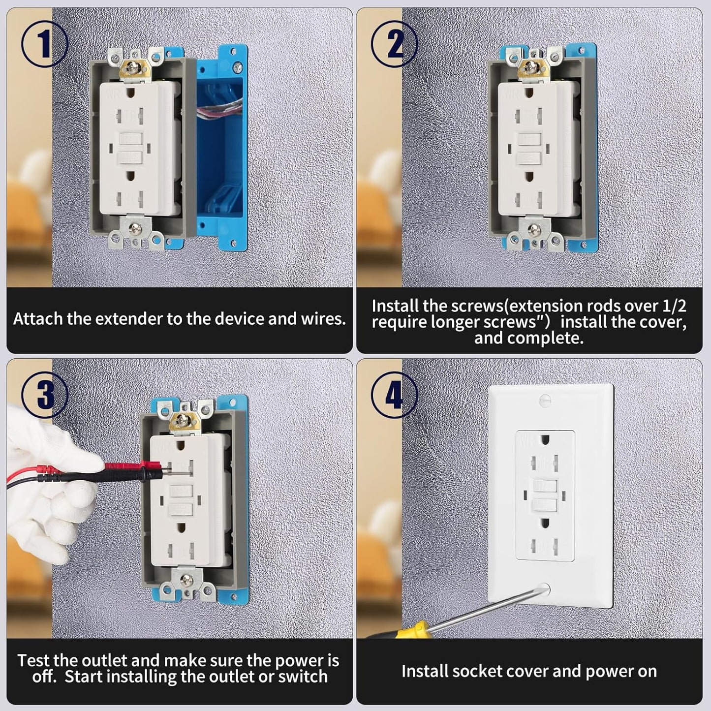 Single Gang Receptacle Outlet Box Extenders 1/2",Gray,Pack of 4 | Electric Outlet Extender Box With 8 screws; Receptacle Extender for Electric Box and Electric Outlet Switches.