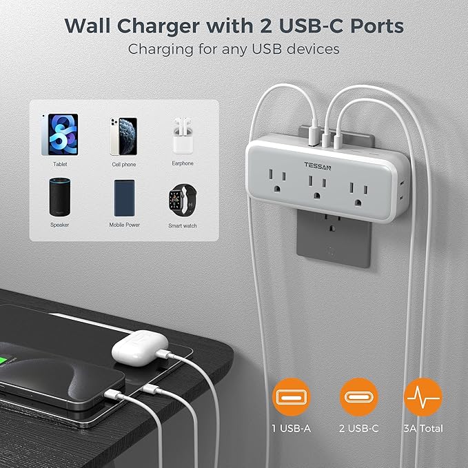 Multi Plug Outlet Extender, Wall Charger, TESSAN Multiple Plug Surge Protector - Image 4