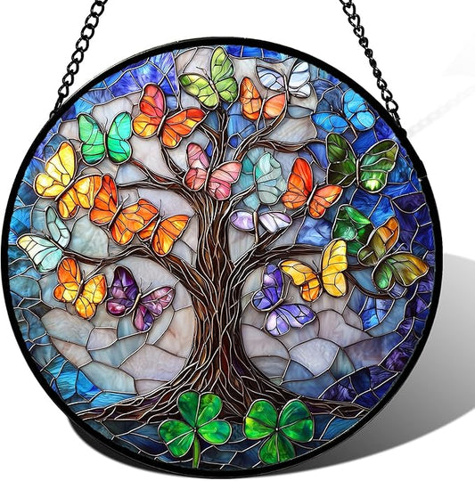 DASTOLL Stained Glass Window Hanging, Butterfly Tree Clover Sun Catchers Glass by DASTOLL