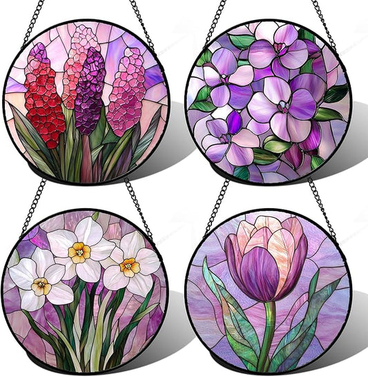 DASTOLL Stained Glass Window Hanging 4 Pcs Set Purple Flower Theme Large 11.8" by DASTOLL