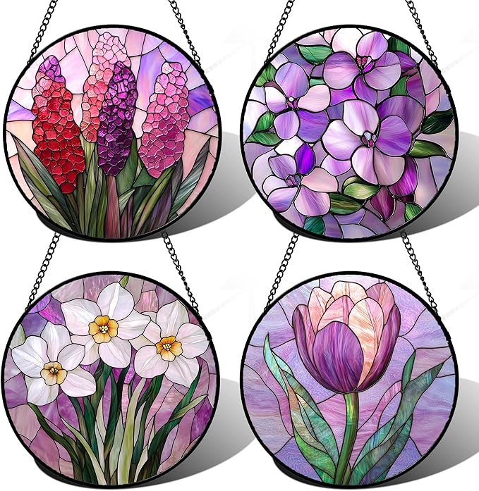 DASTOLL Stained Glass Window Hanging 4 Pcs Set Purple Flower Theme 9.8" by DASTOLL