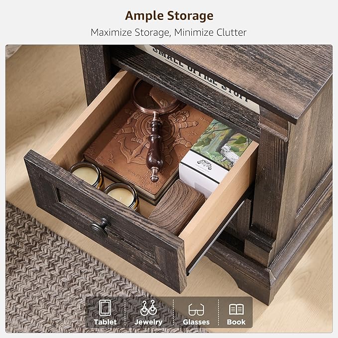 Farmhouse Nightstand with Charging Station, Wooden Sofa Side Table w/Roman - Image 9