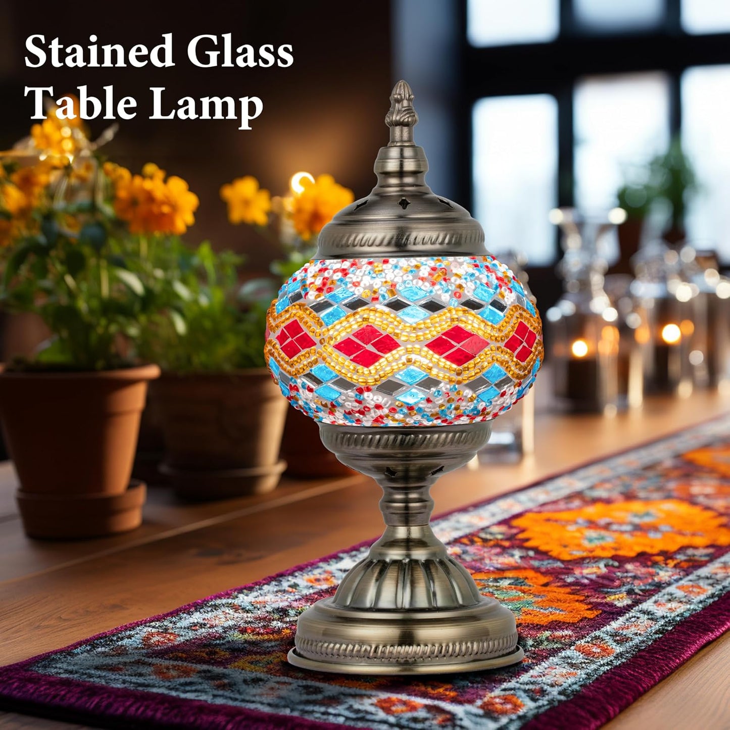 Marrakech Turkish Mosaic Lamp Stained Glass Table Lamp with Tiffany Style | Handmade Moroccan Table Lamp with Bronze Base, Decorative Accent Vintage Lamp for Living Room Bedroom Including LED Bulb