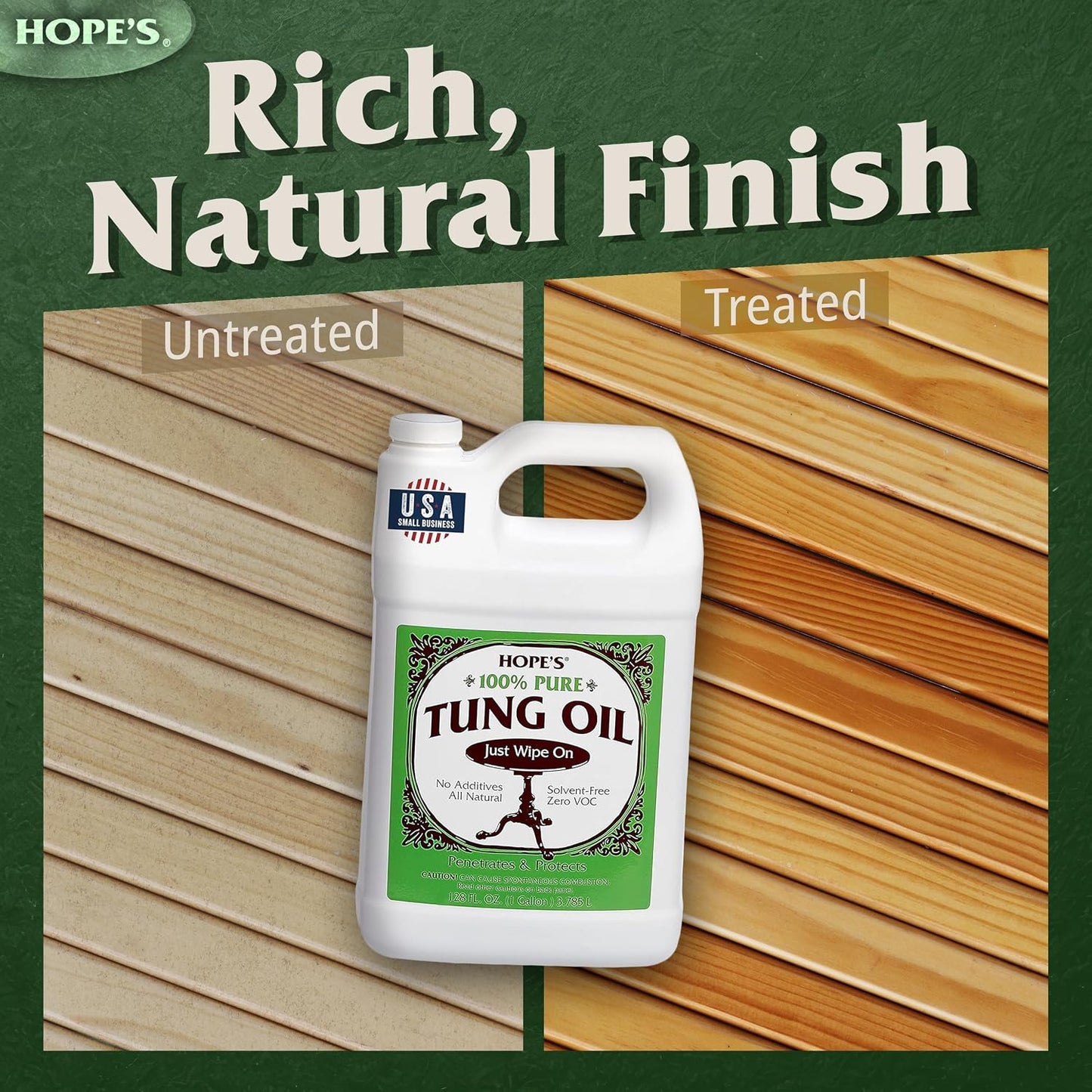 HOPE'S 100% Pure Tung Oil, Food Safe, Premium Waterproof Natural Wood Finish and Sealer for Indoor and Outdoor Projects,128 Fl Oz (2)