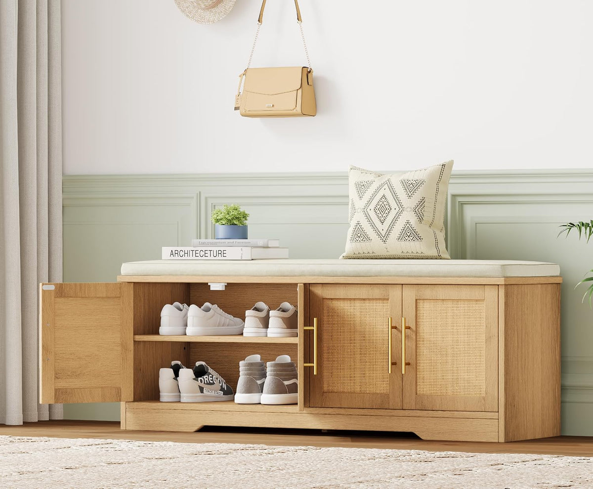 rattan shoe storage bench, 47.2" wide entryway bench, main product view