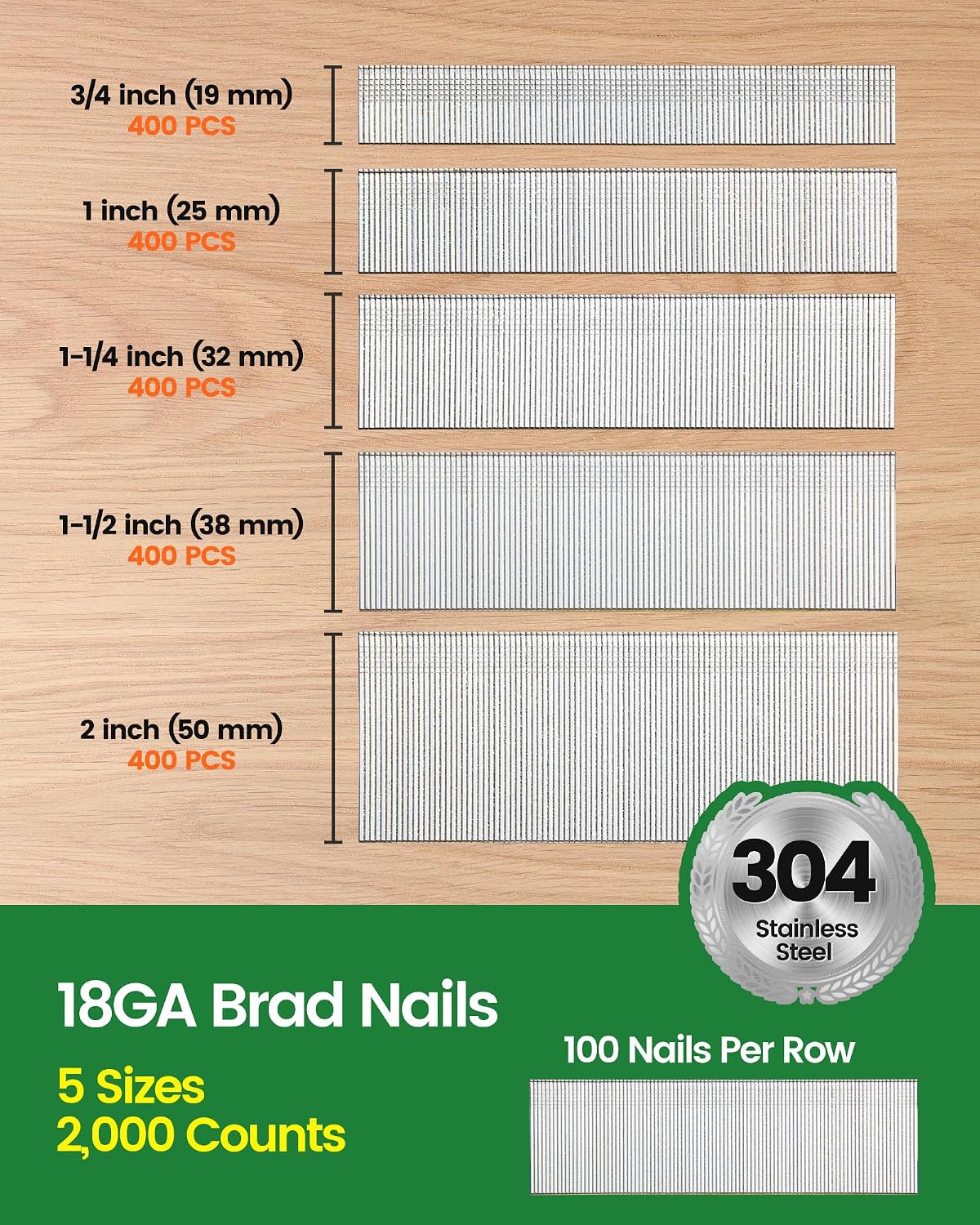 meite 18 Gauge Stainless Steel Brad Nails, Assorted 5 Sizes (3/4",1", 1-1/4", 1-1/2", 2") Universal Finish Nails for Pneumatic, Electric 18GA Brad Nail Gun Nailer, Multi-Pack 2,000-Count