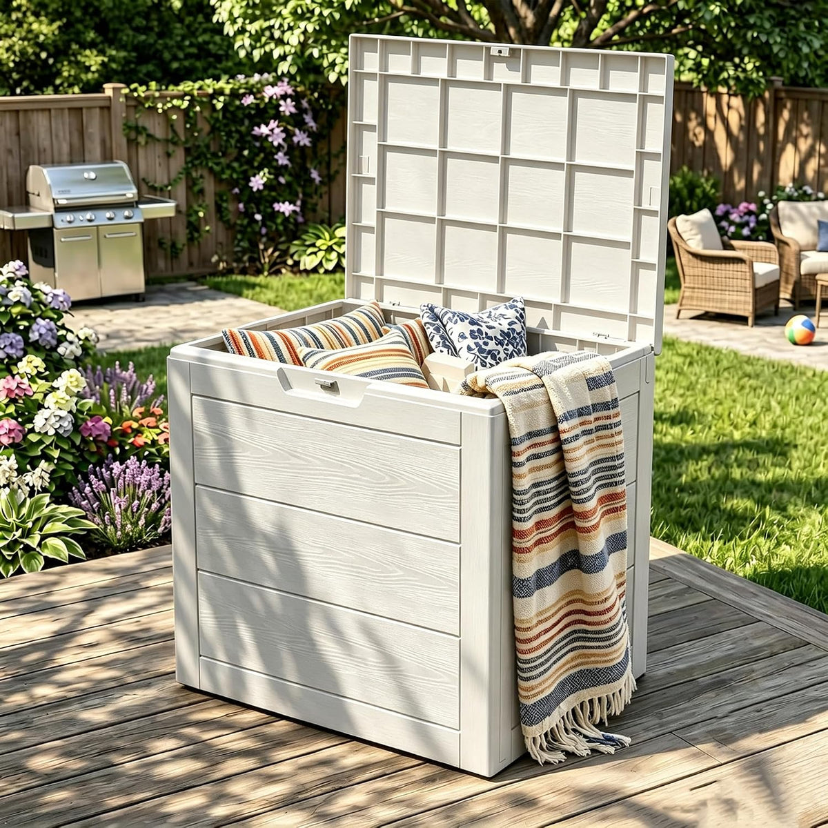 35 gallon deck box, waterproof outdoor storage box, main product view