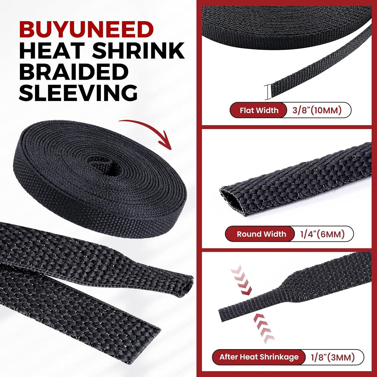 2:1 Ratio Heat Shrinkable Braided Wiring Sleeving 1/4" ID-88ft | Heat Resistance Abrasion Flexibility Harness Wrap Cable Woven Wire Loom for Automotive Hose/Cord Cover/Electrical Sheathing