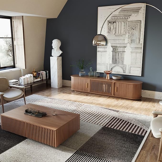 POVISON Fully-Assembled Mid-Century Modern Tambour Door TV Stand, Wood TV - Image 3
