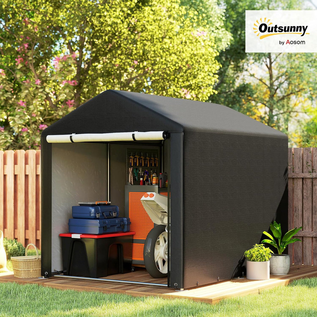 outsunny 5.2 x 7.2 ft portable storage shed shown in use