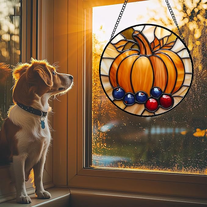 DASTOLL Stained Glass Window Hanging Fall Pumpkin Berries Large 15" - Image 3