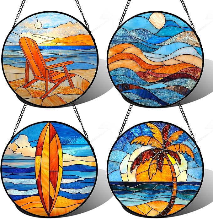 DASTOLL Stained Glass Window Hanging 4 Pcs Set Blue Orange Ocean Beach Theme by DASTOLL