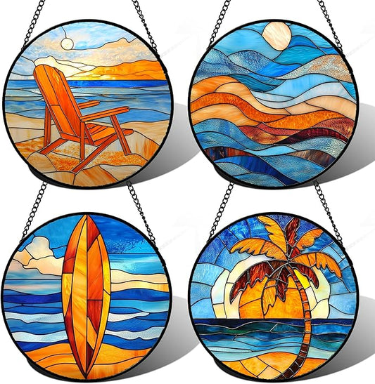 DASTOLL Stained Glass Window Hanging 4 Pcs Set Blue Orange Ocean Beach Theme by DASTOLL