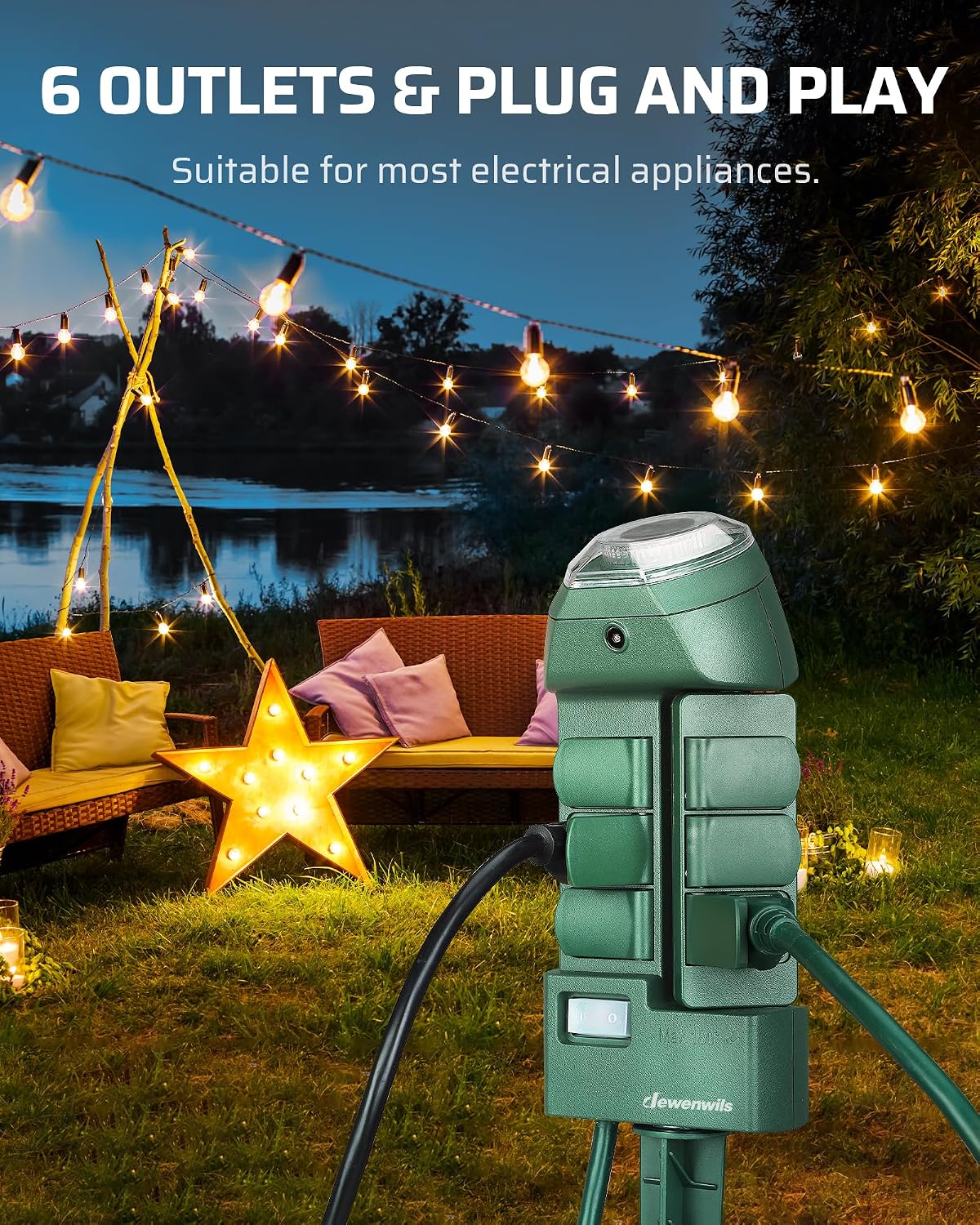 DEWENWILS Outdoor Power Strip Timer with Photocell, 6 Outlets 10ft Cord | Waterproof Countdown Light Control, Dusk to Dawn Timer, Works for Garden, Yard, Patio Lights, Decoration, 1875W/15A UL Listed