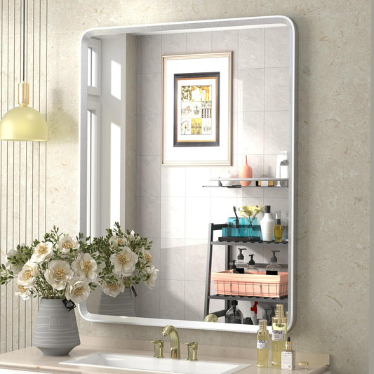28x36 Brushed Silver Mirror for Bathroom, Nickel Silver Metal Framed Vanity
