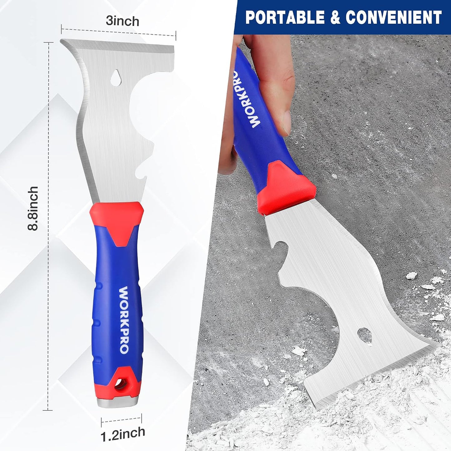 WORKPRO Paint Scraper, 8 in 1 Paint Remover, Metal Putty Knife with Hammer End and Can Opener, Stainless Steel Scraper Tool for Removing Caulk, Painting, Wood and Wallpaper | Stainless Steel Blade, PP Rubber Handle, Removing Caulk, Painting, Wood
